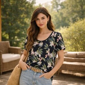 Babaton Floral Drapey Tee Size L Black Pink Lightweight Soft Flowy Aritzia